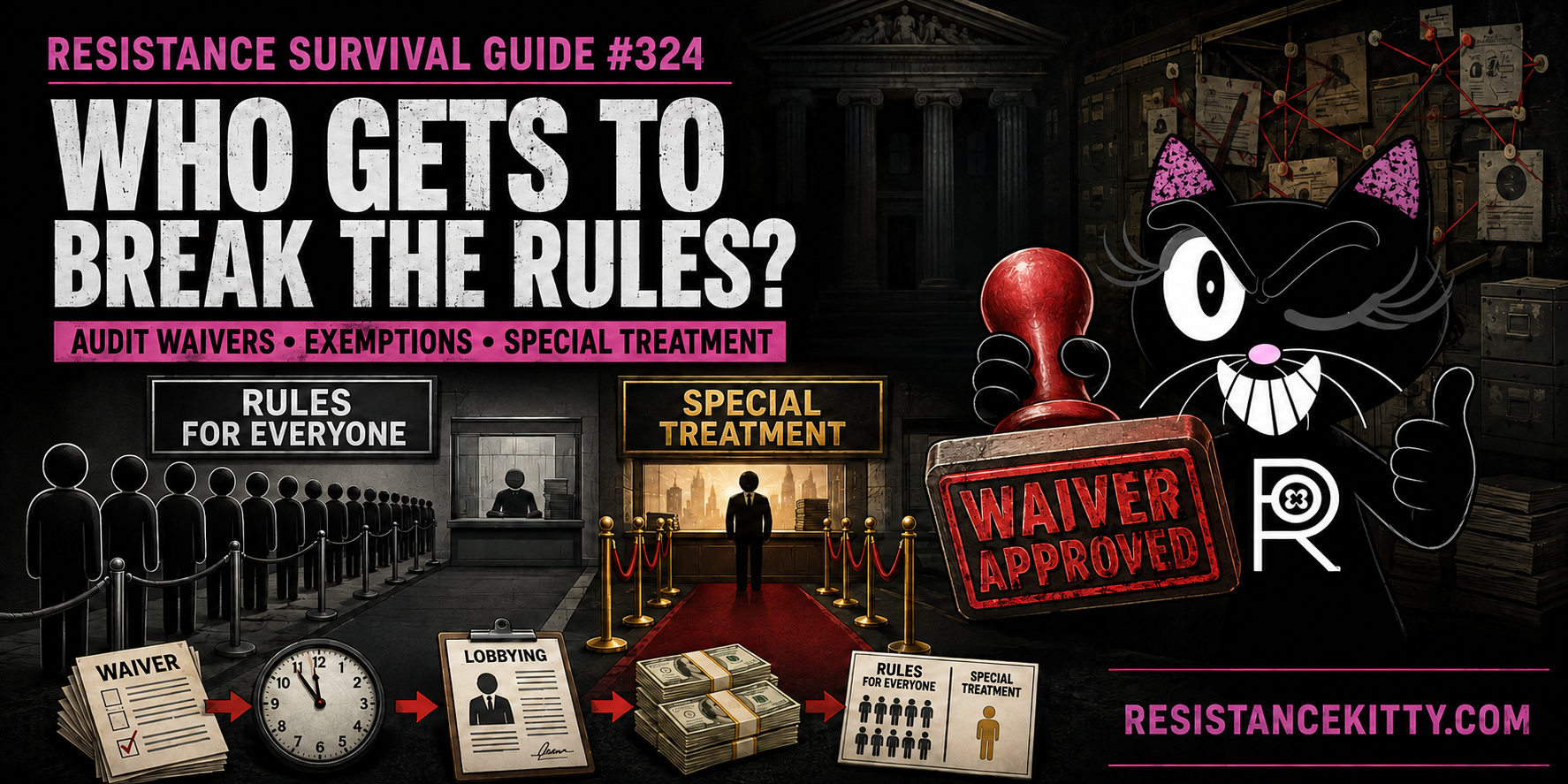 Resistance Kitty holds a giant “Waiver Approved” stamp beside separate lines for “Rules for Everyone” and “Special Treatment,” illustrating how to audit government waivers, exemptions, lobbying influence, and unequal enforcement.