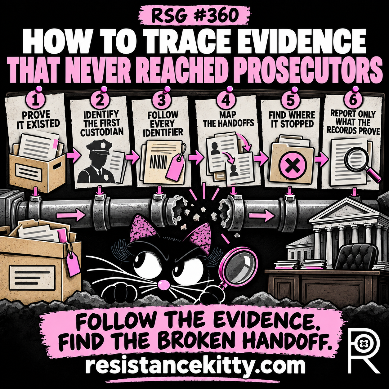 Resistance Kitty examines a broken evidence pipeline showing six steps for tracing evidence that never reached prosecutors, from proving the evidence existed through reporting only what the records prove.